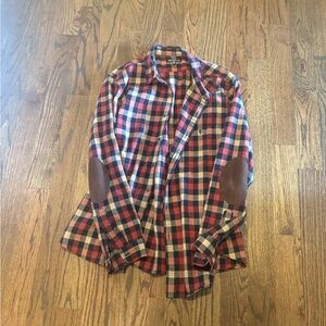 J. Crew Factory Red and Blue Plaid Shirt with Brown Elbow Patches
